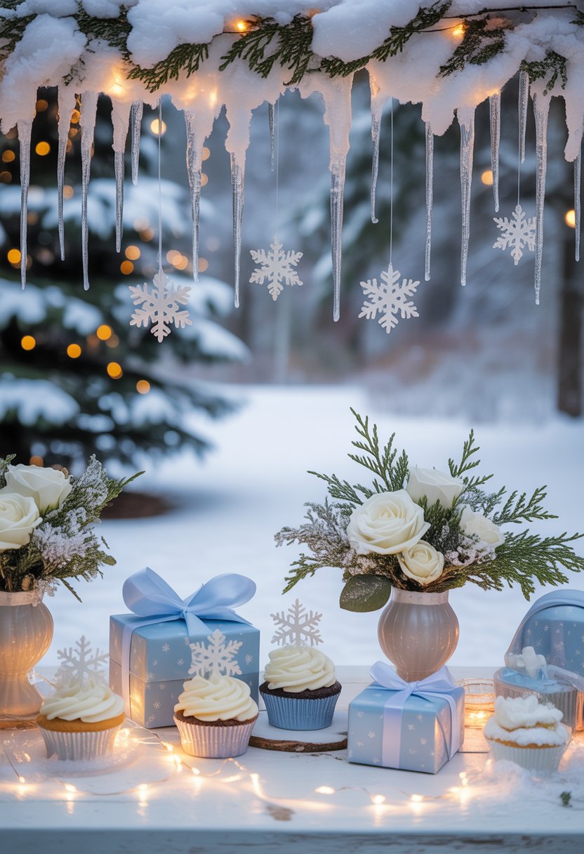 A winter-themed baby shower setup with snowflakes, icicles, decorated table with gifts and cupcakes, and snowy pine trees in the background.